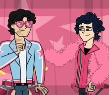 a couple of cartoon characters standing next to each other with one wearing heart shaped glasses