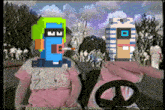 a pixel art of a girl smoking a cigarette and a man wearing a turban