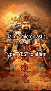 a statue of a man with a beard is surrounded by gold coins and says claim 7 microplastic meals