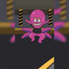 a cartoon of a purple octopus sitting on a trash can