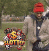 a man wearing a red hat is standing in front of a lotto memecoin logo
