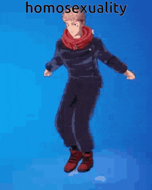 a pixel art of a man standing on a blue background with the words homosexuality written on it .