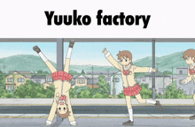 a cartoon of a girl doing a handstand with the word yuuko factory above her