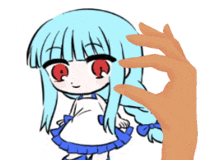 a hand is holding a drawing of a girl with blue hair