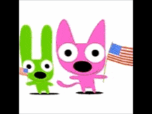 a green and a pink cartoon character with the word boo written in red