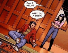 a comic book character is laying on the floor with a speech bubble that says can i help are you a beer ?