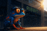 a frog wearing glasses is squatting in front of a building with the word ribbit on it
