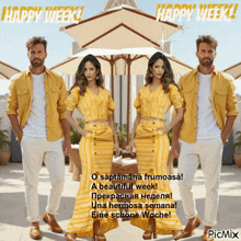 a man and a woman are standing under umbrellas with the words happy week written on the top