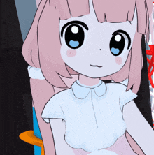 a cartoon girl with pink hair is wearing a white top
