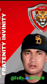 a man wearing a san diego padres hat stands in front of a fraternity infinity logo