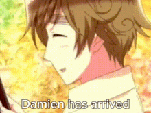 a cartoon of a boy with the words damien has arrived