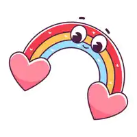 a rainbow with a face and two pink hearts