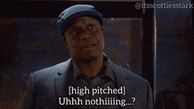 a man in a suit and hat says high pitched uhhh nothiiiiing