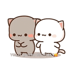 a cartoon cat is hugging another cat with a heart in the air .