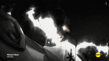 a black and white image with the words watch now at the top