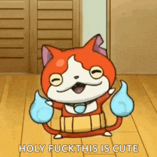 a cartoon cat is standing on a wooden floor and saying holy fuck this is cute .