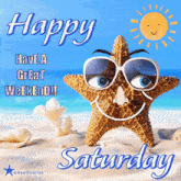 a starfish wearing sunglasses on the beach with the words happy saturday