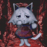 a pixel art of a white cat standing in a cave with blood coming out of its mouth .
