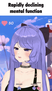 a picture of a girl with purple hair and the words rapidly declining mental function above her