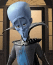 a cartoon character with a very large head is standing in front of a window .