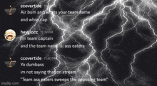 a screenshot of a discord conversation with lightning strikes