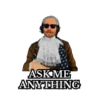 a man in a costume says ask me anything on a white background