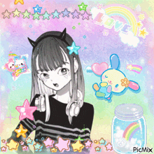 a picture of a girl with horns and headphones with the word love on the bottom