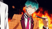 a man with blue hair is smiling and holding a lighter