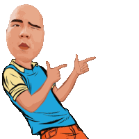 a cartoon of a man with a bald head pointing to the side
