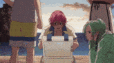 a girl with pink hair is holding a white cooler while two other girls look on