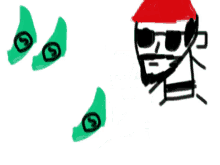 a drawing of a man wearing sunglasses and a red hat is surrounded by green dollar bills