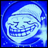 a troll face with a beanie on is glowing in the dark
