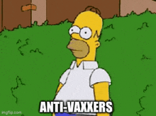 homer simpson from the simpsons is standing in front of a grassy field and says `` anti-vaxxers '' .
