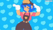 a cartoon character with blue hair is dancing in front of hearts