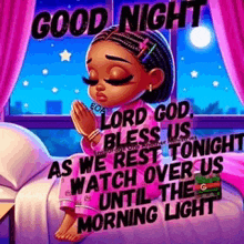 a cartoon girl is sitting on a bed praying .