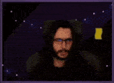 a man with glasses and a beard is screaming in front of a yellow sticky note