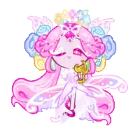 a pixel art drawing of a fairy with pink hair and flowers on her head