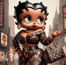 a betty boop holding a louis vuitton purse in front of a very soon sign