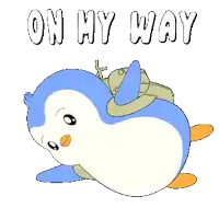 a penguin with a backpack on its back and the words on my way below it