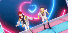 two anime characters are holding hands in front of a heart shaped light