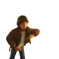 a close up of a person 's face with a white shirt and brown jacket