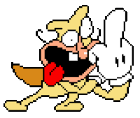 a pixel art drawing of a cartoon character with his tongue sticking out