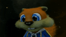 a cartoon squirrel with blue eyes and a blue shirt