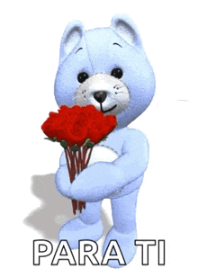 a teddy bear is holding a bouquet of red roses and the words para ti are below it