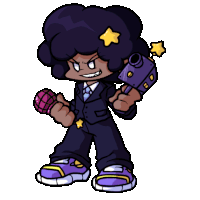 a cartoon character is holding a microphone and a camera