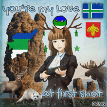 a picture of a girl holding a gun with the words you 're my love at first shot below her