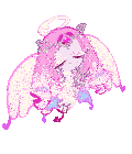 a cartoon angel with pink hair and wings is holding a harp