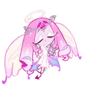 a cartoon angel with pink hair and wings is holding a harp