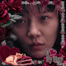 a picture of a woman with flowers and the words i love my mom at the bottom