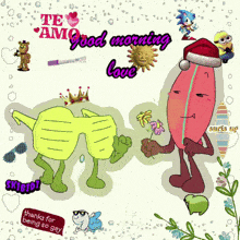 a cartoon greeting card that says " te amo " and " good morning love "